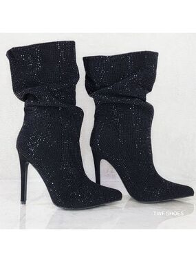 Resolve Sparkling Black Rhinestone High Heel Slouch Calf Boots New Years Bling